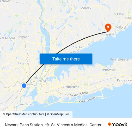 Newark Penn Station to St. Vincent's Medical Center map