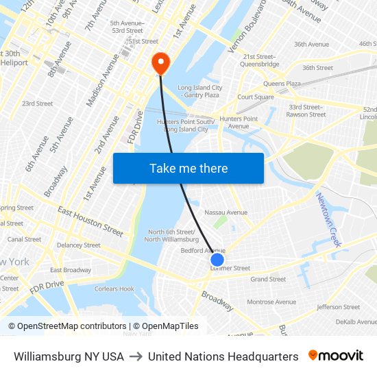 Williamsburg NY USA to United Nations Headquarters map