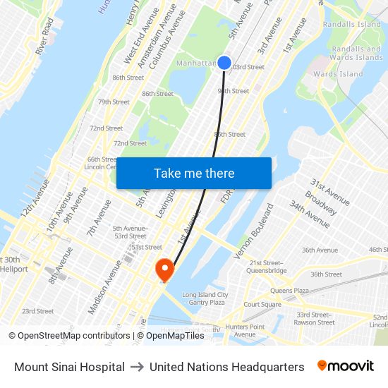 Mount Sinai Hospital to United Nations Headquarters map