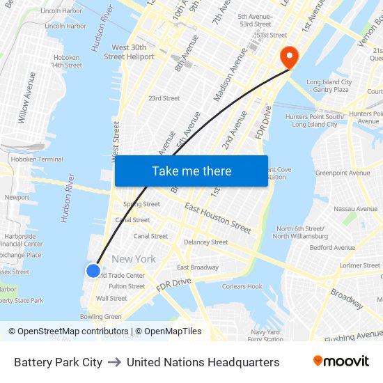 Battery Park City to United Nations Headquarters map