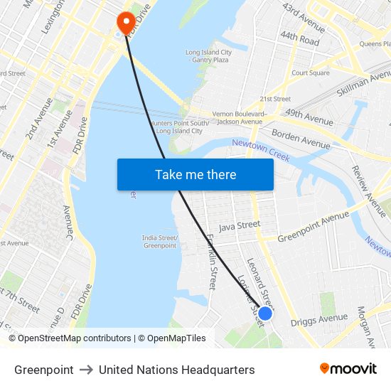 Greenpoint to United Nations Headquarters map