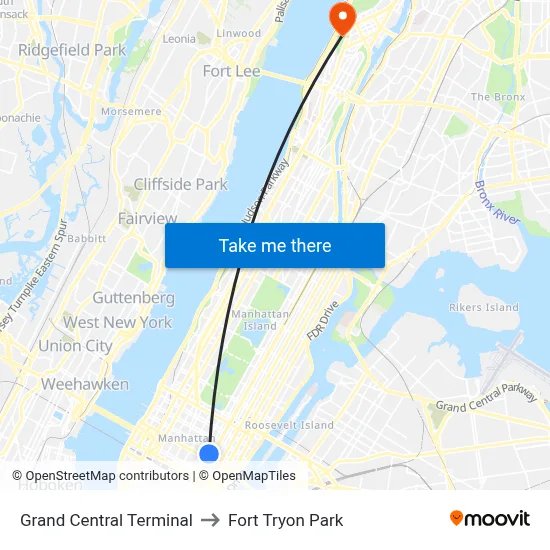 Grand Central Terminal to Fort Tryon Park map