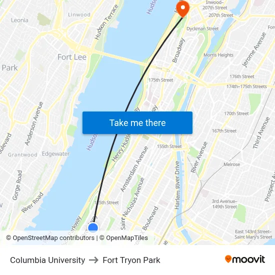Columbia University to Fort Tryon Park map