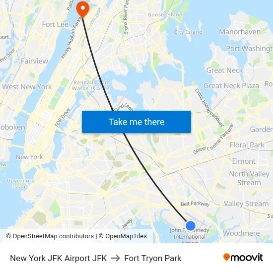 New York JFK Airport JFK to Fort Tryon Park map