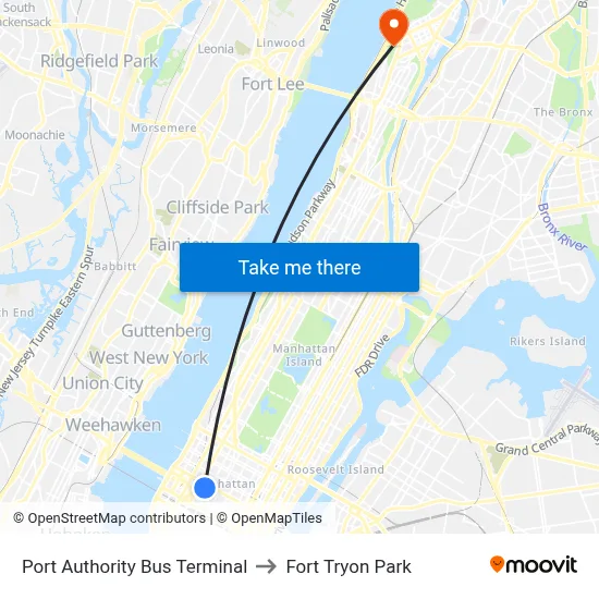 Port Authority Bus Terminal to Fort Tryon Park map