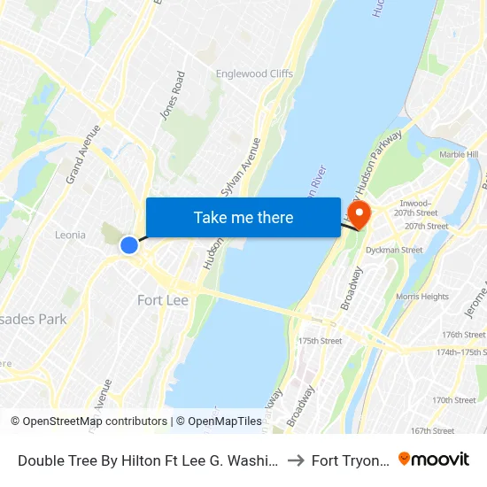 Double Tree By Hilton Ft Lee G. Washington Bridge to Fort Tryon Park map