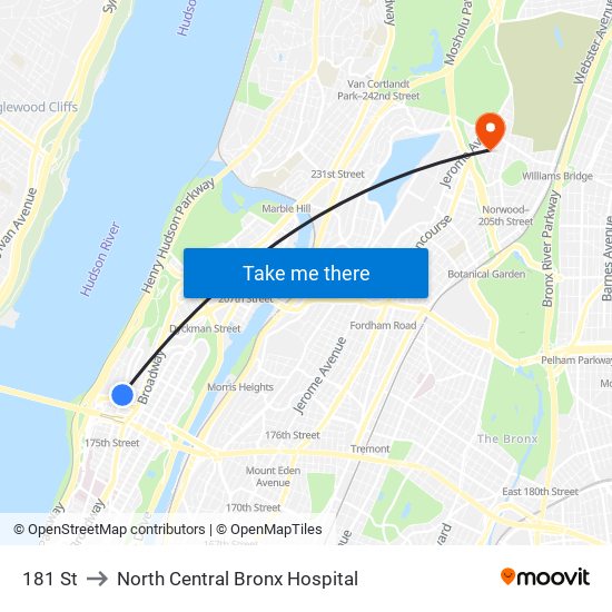 181 St to North Central Bronx Hospital map