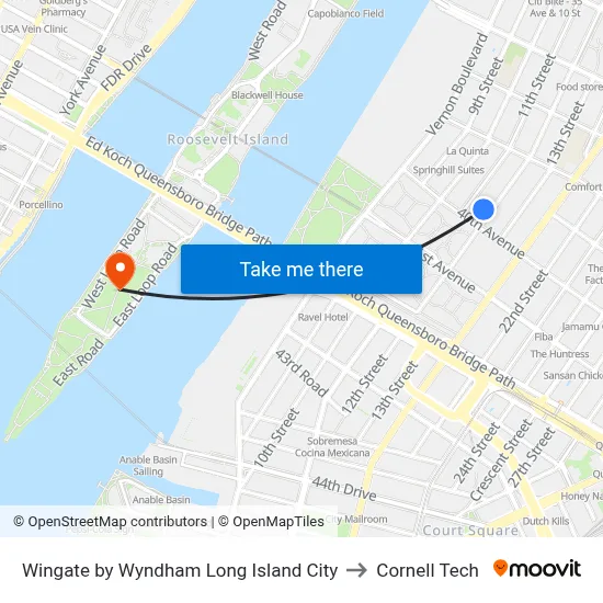 Wingate by Wyndham Long Island City to Cornell Tech map