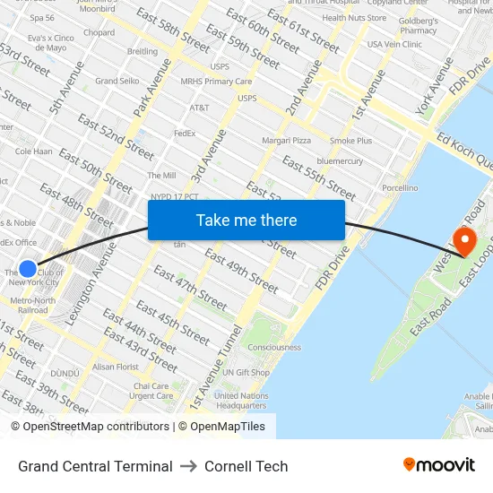 Grand Central Terminal to Cornell Tech map