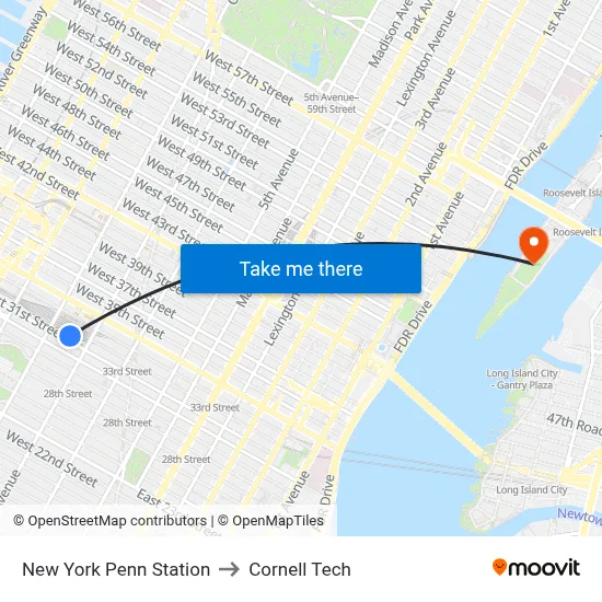 New York Penn Station to Cornell Tech map