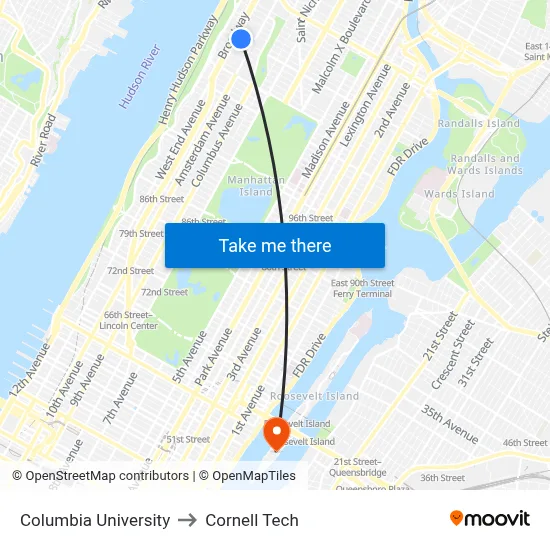 Columbia University to Cornell Tech map