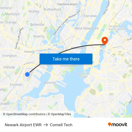 Newark Airport EWR to Cornell Tech map