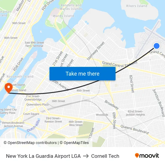 New York La Guardia Airport LGA to Cornell Tech map