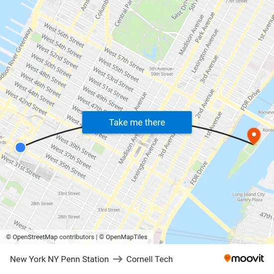 New York NY Penn Station to Cornell Tech map