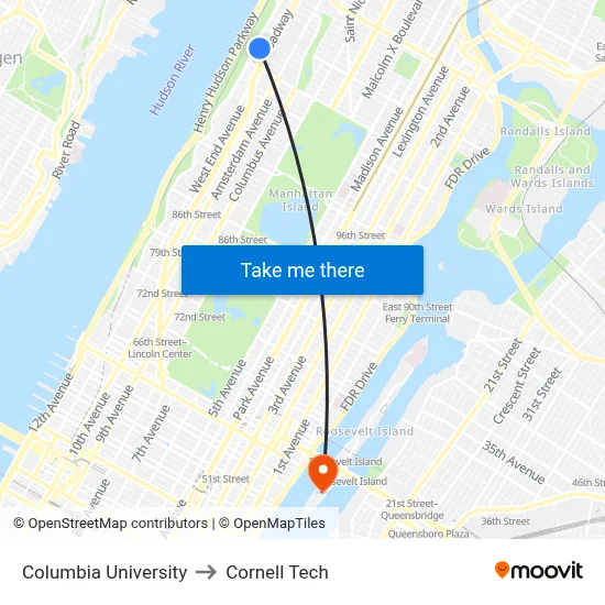 Columbia University to Cornell Tech map