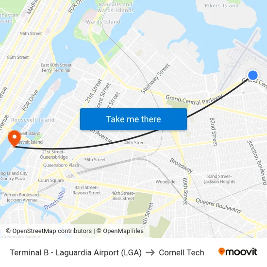 Terminal B - Laguardia Airport (LGA) to Cornell Tech map