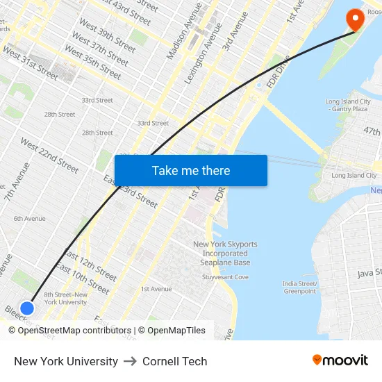 New York University to Cornell Tech map