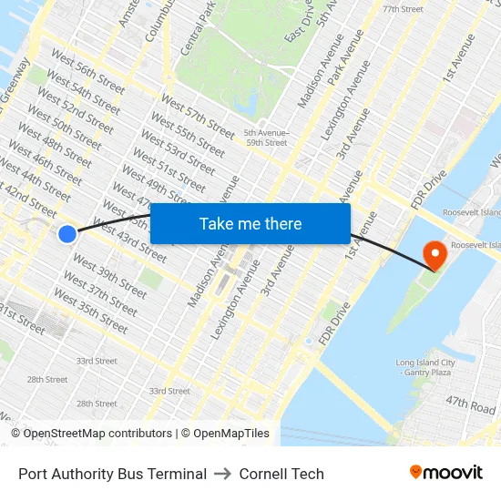 Port Authority Bus Terminal to Cornell Tech map