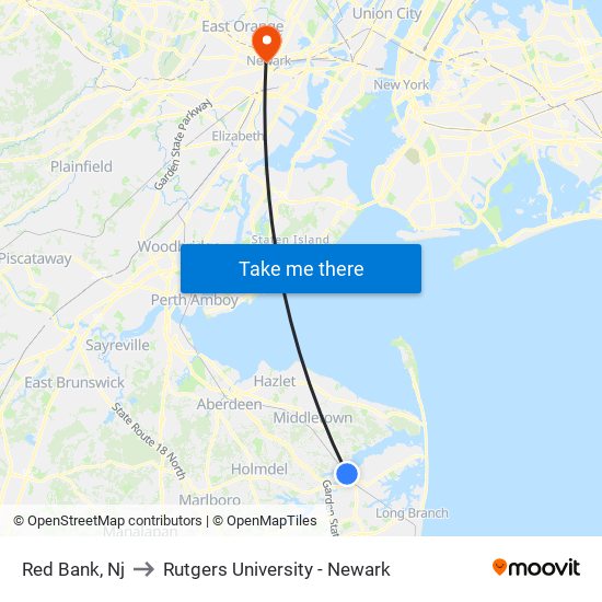 Red Bank, Nj to Rutgers University - Newark map