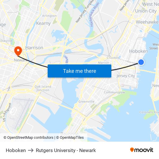 Hoboken to Rutgers University - Newark map