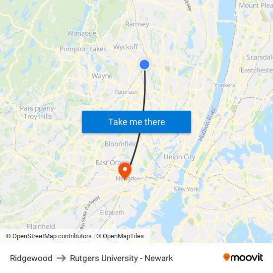 Ridgewood to Rutgers University - Newark map