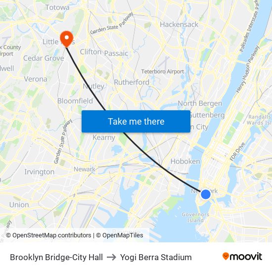 Brooklyn Bridge-City Hall to Yogi Berra Stadium map