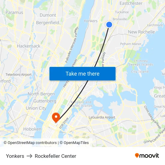 Yonkers to Rockefeller Center map