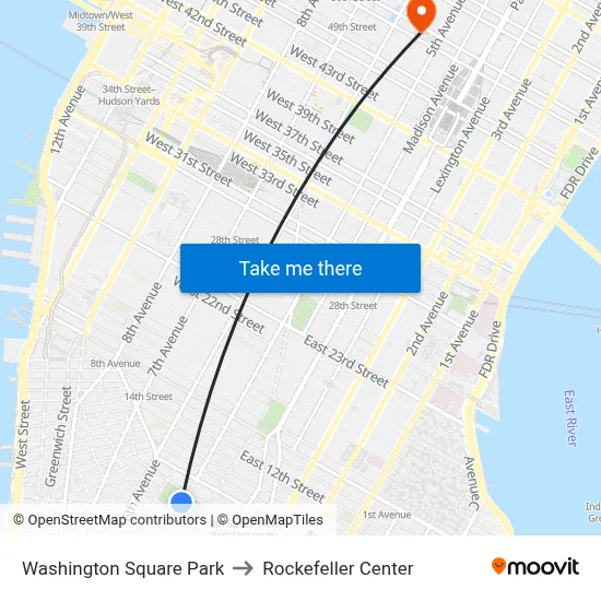 Washington Square Park to Rockefeller Center map