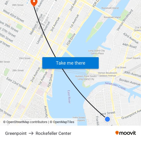 Greenpoint to Rockefeller Center map