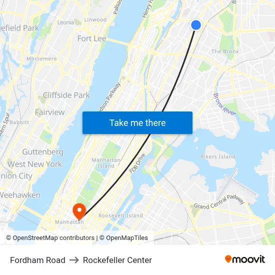 Fordham Road to Rockefeller Center map
