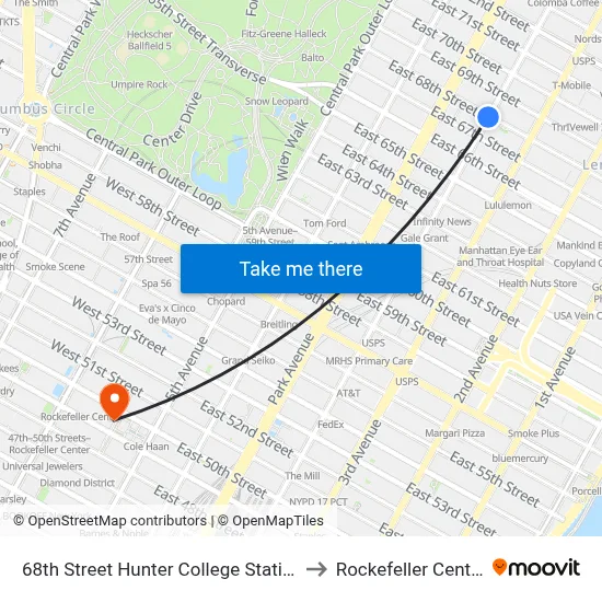 68th Street Hunter College Station to Rockefeller Center map