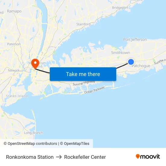 Ronkonkoma Station to Rockefeller Center map