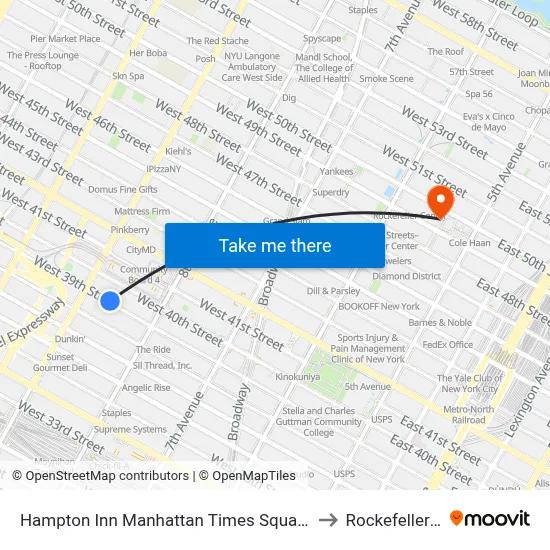 Hampton Inn Manhattan Times Square South New York to Rockefeller Center map