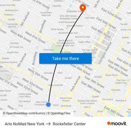 Arlo NoMad New York to Rockefeller Center map