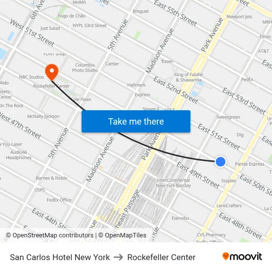 San Carlos Hotel New York to Rockefeller Center map