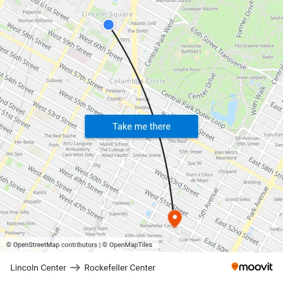 Lincoln Center to Rockefeller Center map