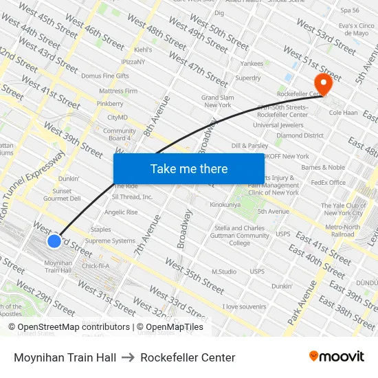 Moynihan Train Hall to Rockefeller Center map