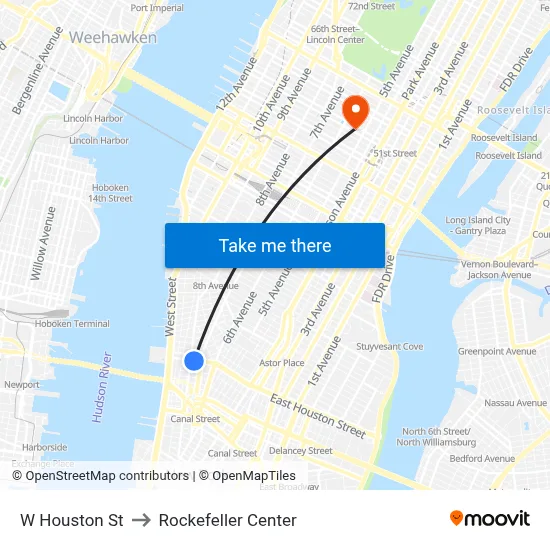 W Houston St to Rockefeller Center map