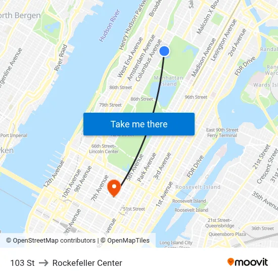 103 St to Rockefeller Center map