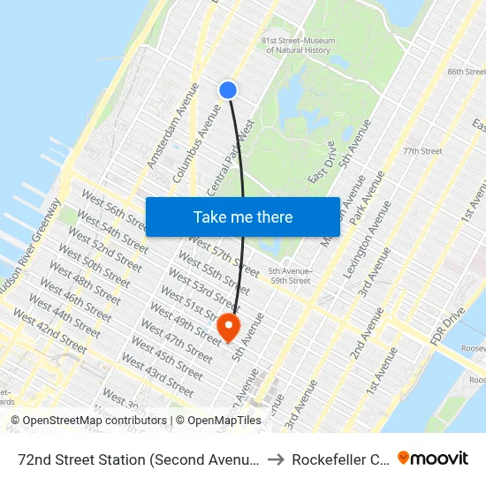 72nd Street Station (Second Avenue Subway) to Rockefeller Center map