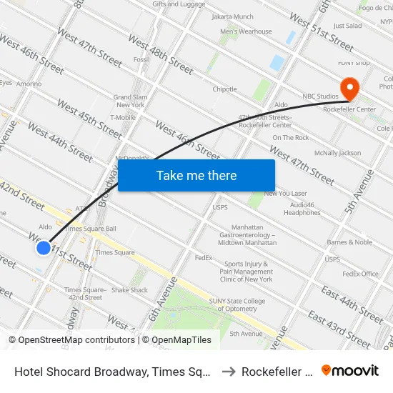 Hotel Shocard Broadway, Times Square, New York to Rockefeller Center map