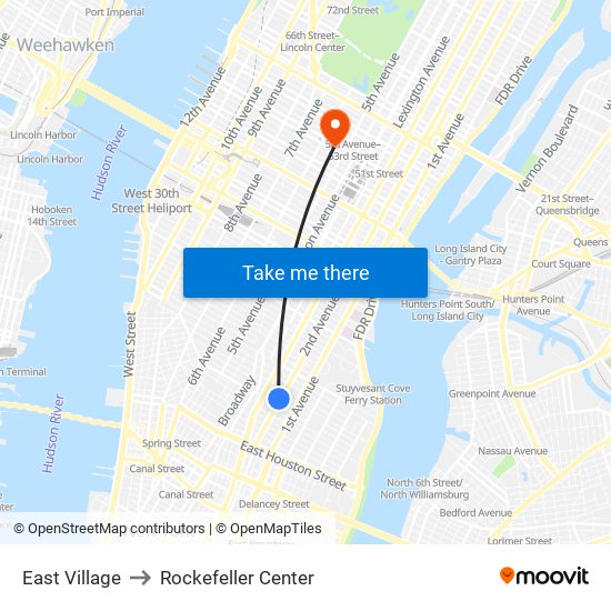 East Village to Rockefeller Center map