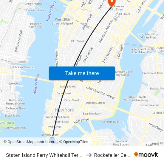 Staten Island Ferry Whitehall Terminal to Rockefeller Center map