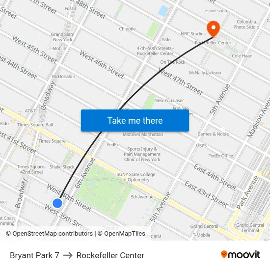 Bryant Park 7 to Rockefeller Center map