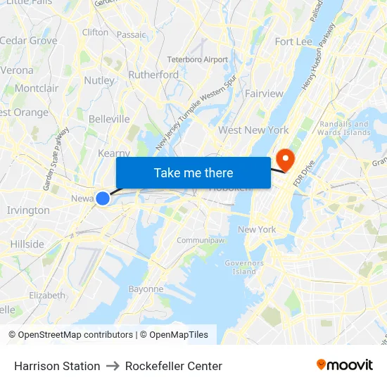 Harrison Station to Rockefeller Center map