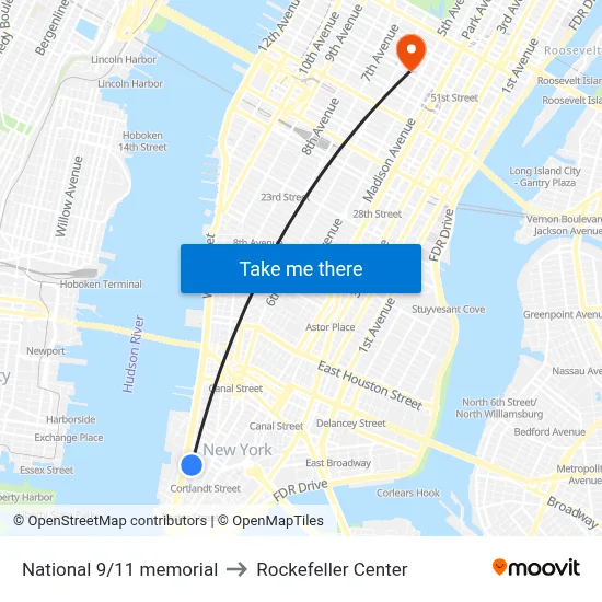 National 9/11 memorial to Rockefeller Center map