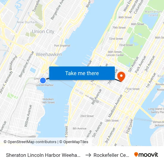 Sheraton Lincoln Harbor Weehawken to Rockefeller Center map