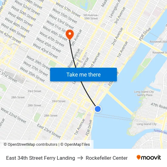 East 34th Street Ferry Landing to Rockefeller Center map