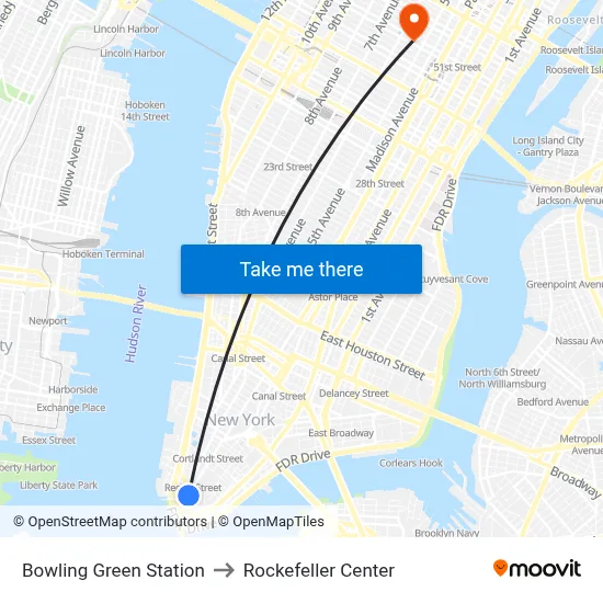 Bowling Green Station to Rockefeller Center map