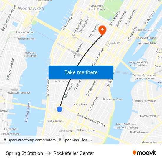 Spring St Station to Rockefeller Center map